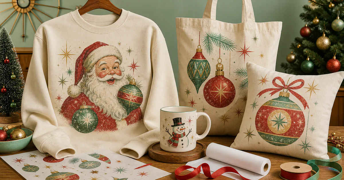 Retro Christmas sublimation PNG artwork on a sweatshirt, mug, tote and pillow