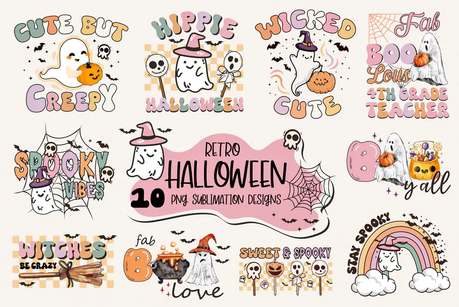 Vintage Halloween PNG Sublimation Bundle preview for retro Halloween sublimation PNG