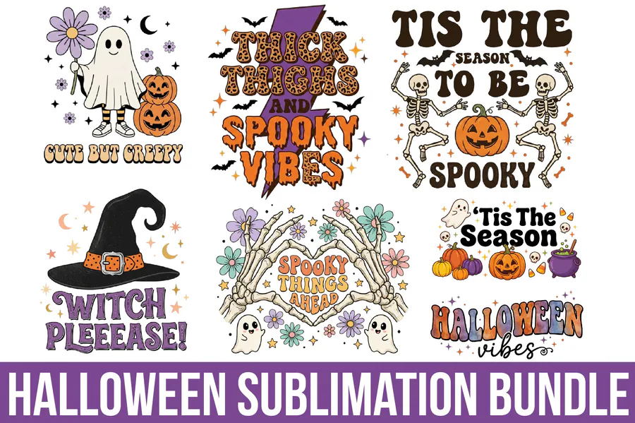 Halloween Sublimation Bundle — Vintage Mix preview for retro Halloween sublimation PNG
