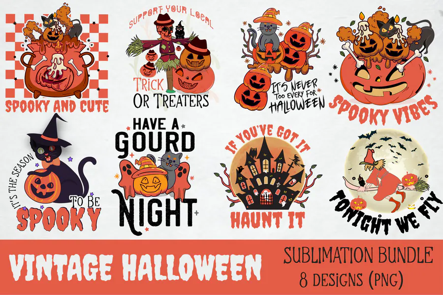 Vintage Halloween Sublimation Bundle — 8 PNG preview for retro Halloween sublimation PNG