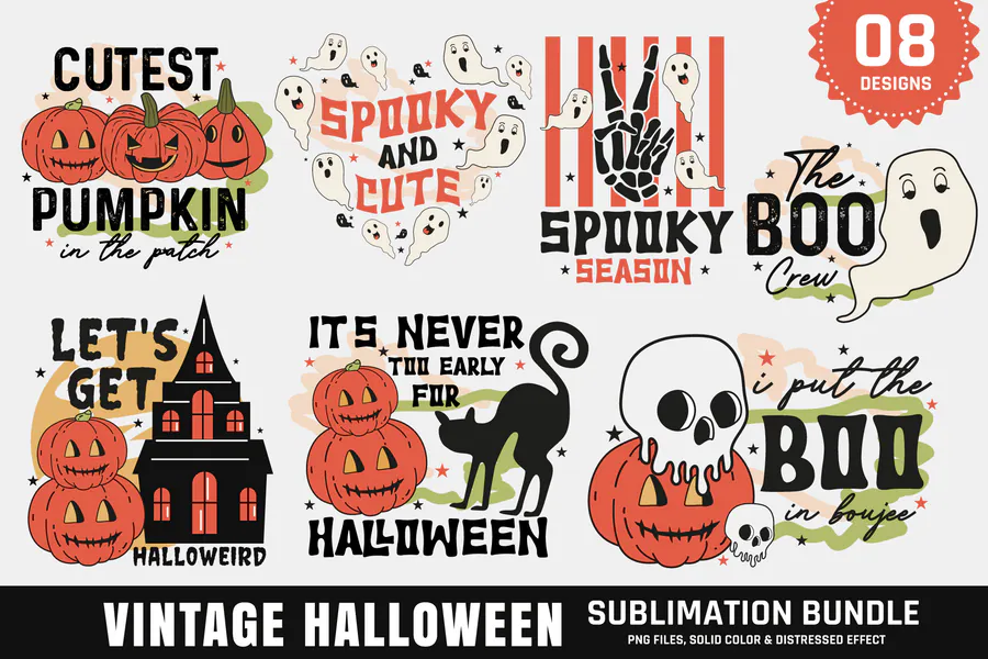 Vintage Halloween Sublimation Bundle — 16 PNG preview for retro Halloween sublimation PNG