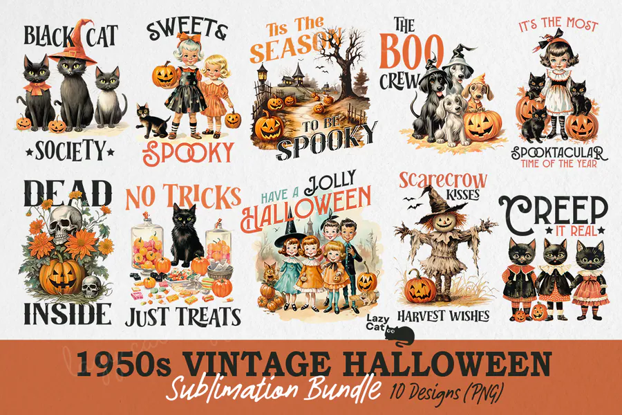 Vintage Halloween Sublimation Bundle — Classic Quotes preview for retro Halloween sublimation PNG