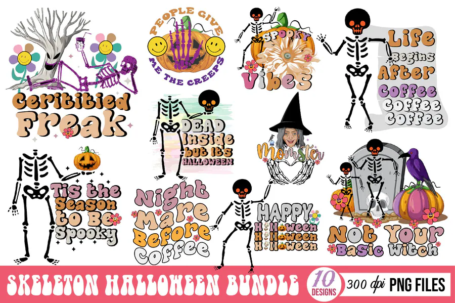 Skeleton Halloween Sublimation Bundle — 10 PNG preview for Halloween skeleton sublimation PNG