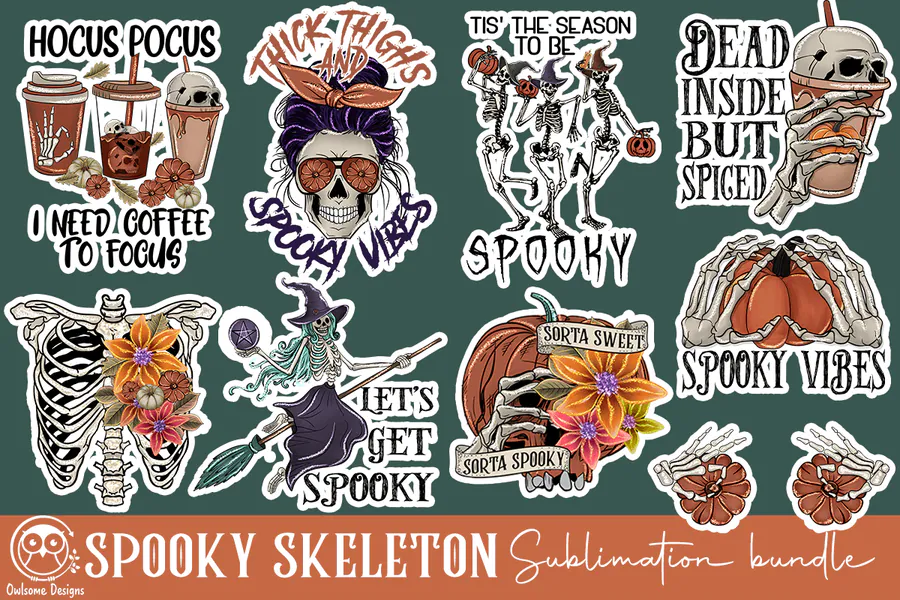 Spooky Skeleton Sublimation Bundle — 9 PNG preview for Halloween skeleton sublimation PNG