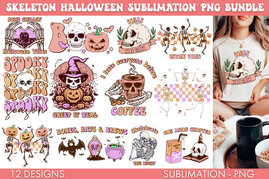 Skeleton Halloween PNG Bundle preview for Halloween skeleton sublimation PNG