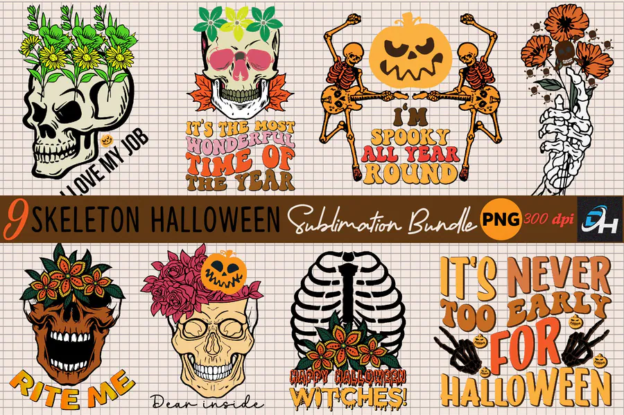 Skeleton Halloween Sublimation Bundle — 9 PNG preview for Halloween skeleton sublimation PNG