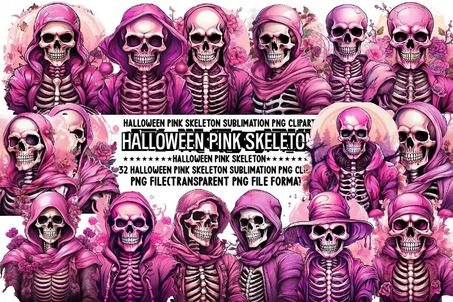 Halloween Pink Skeleton Sublimation preview for Halloween skeleton sublimation PNG