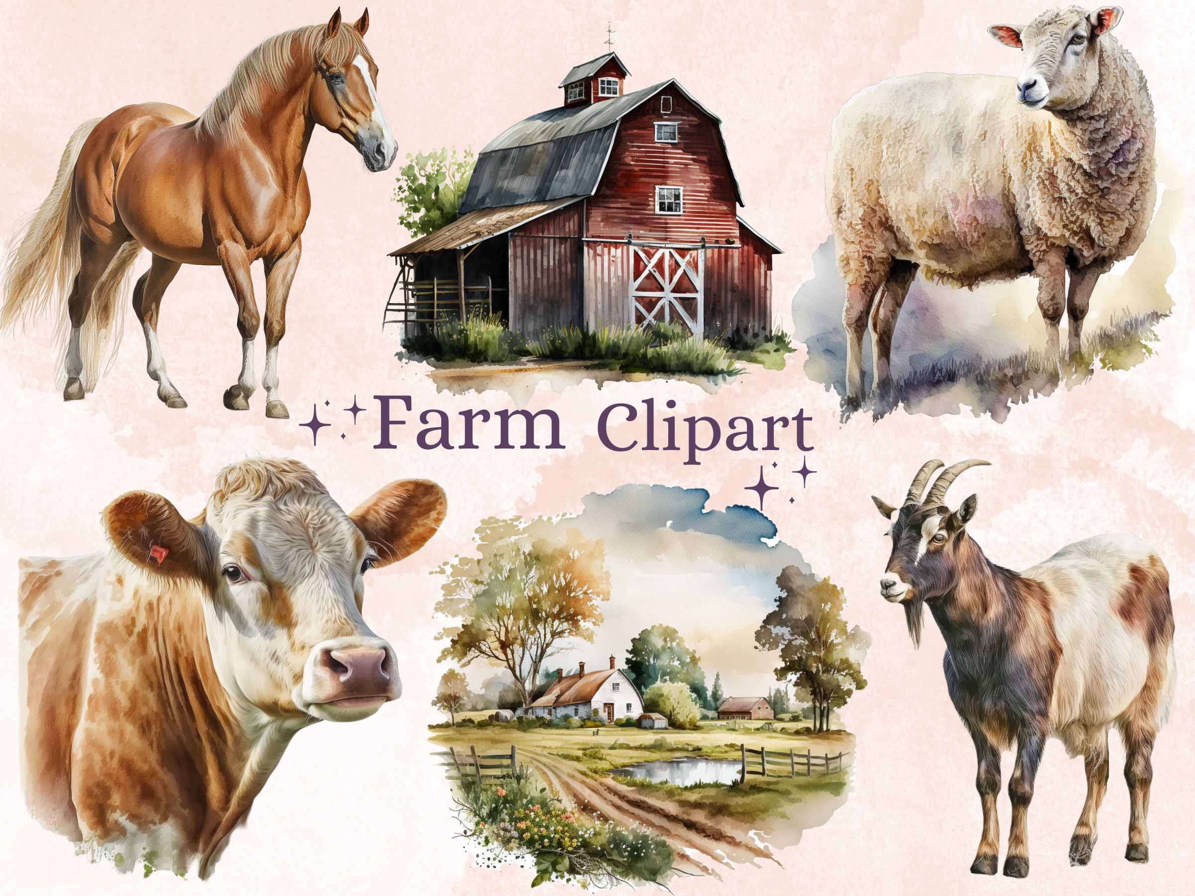 32 PNG Watercolor Farm Animals Clipart preview for craft projects