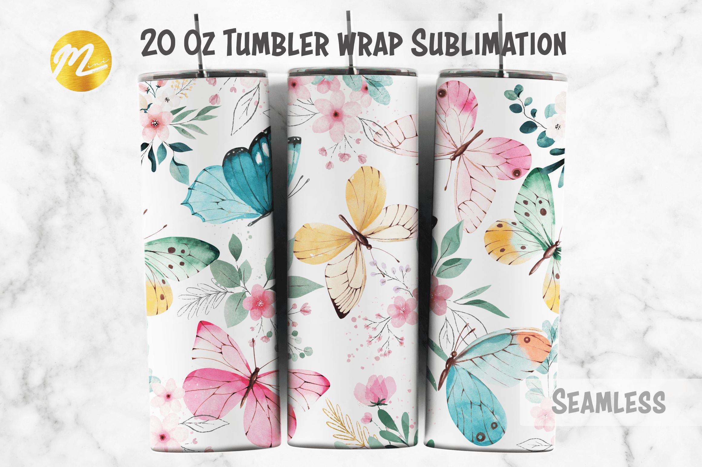 Butterfly Floral Watercolor Tumbler Wrap preview for craft projects