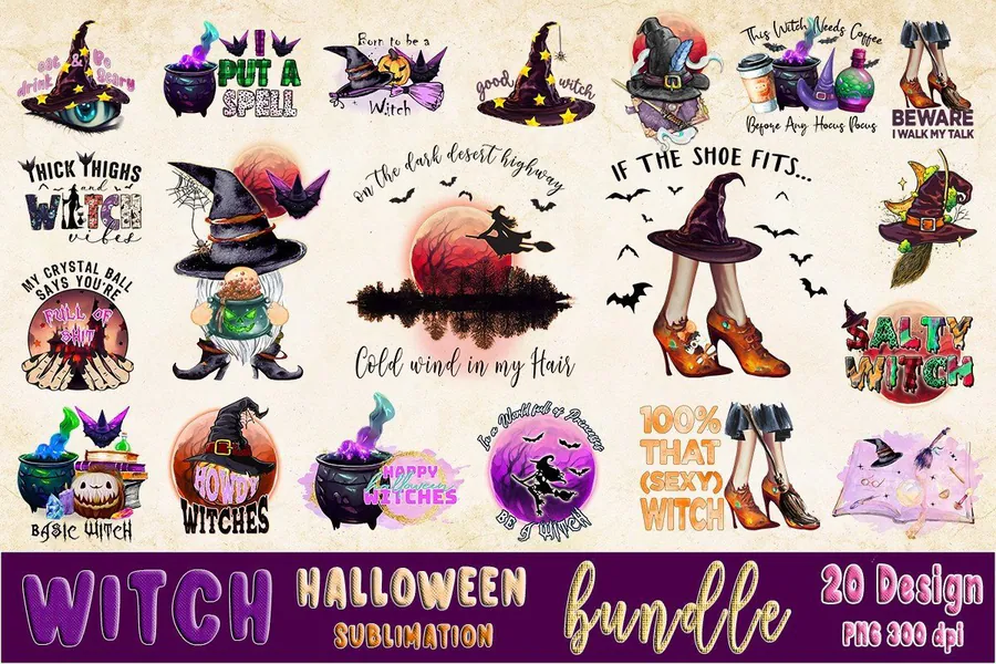 Halloween Witch Sublimation Bundle — 20 PNG preview for Halloween witch sublimation PNG