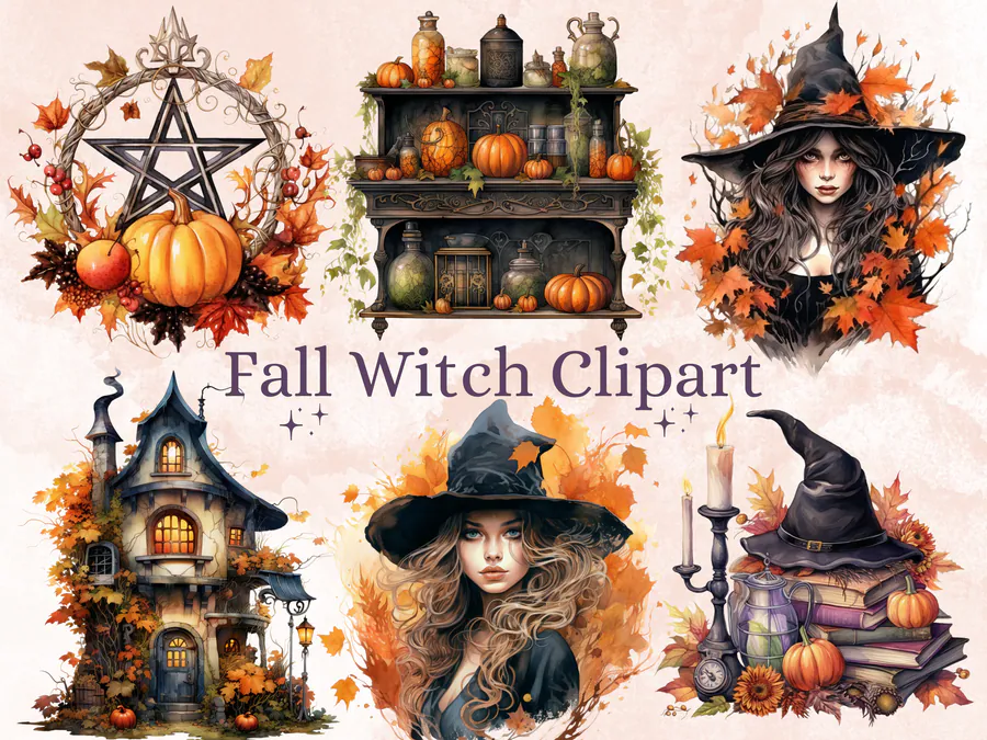 Watercolor Fall Witch Sublimation Bundle preview for Halloween witch sublimation PNG