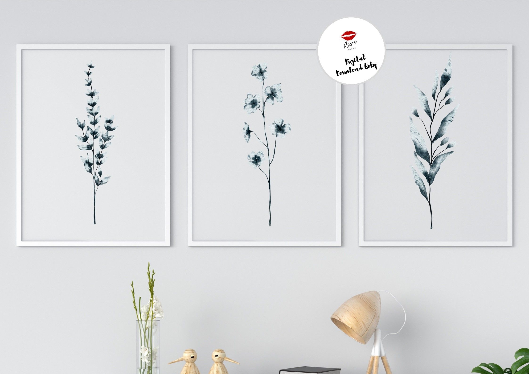 Watercolor Blue Botanical Print Set of 3 preview for craft projects