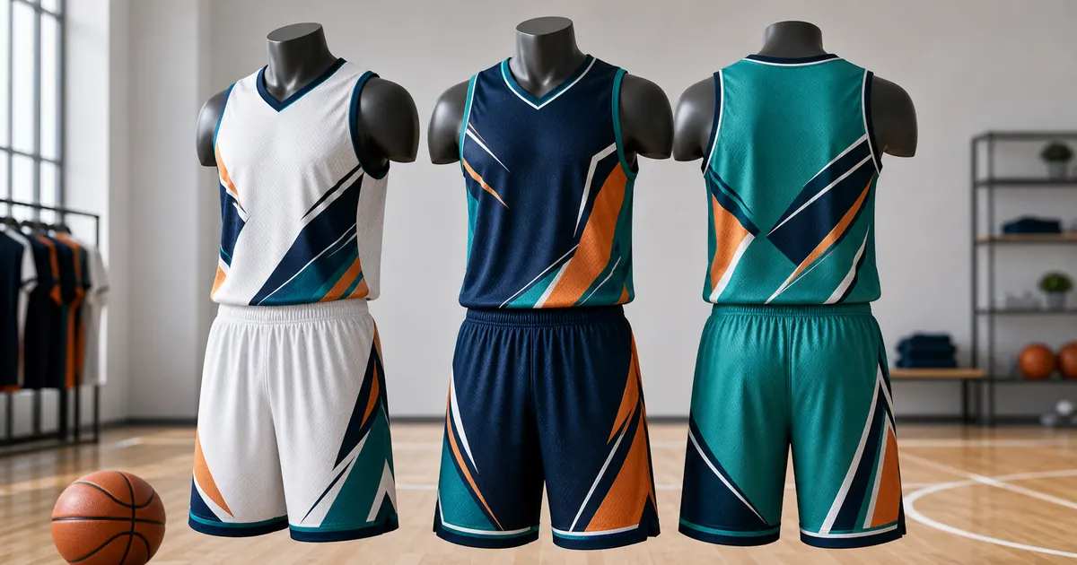 Basketball jersey sublimation template ideas shown on orange, navy and teal team uniforms