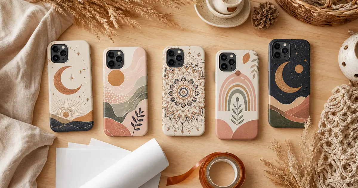 Boho phone case sublimation ideas with celestial, nature and mandala motifs