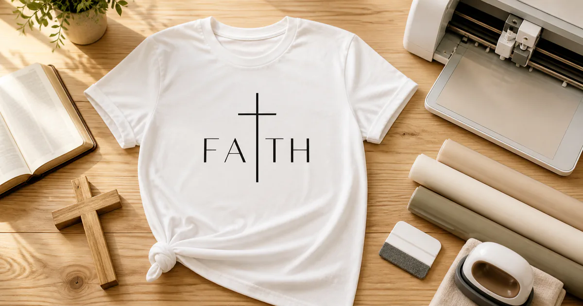 Christian shirt SVG design printed on a white tee beside faith-inspired crafting tools