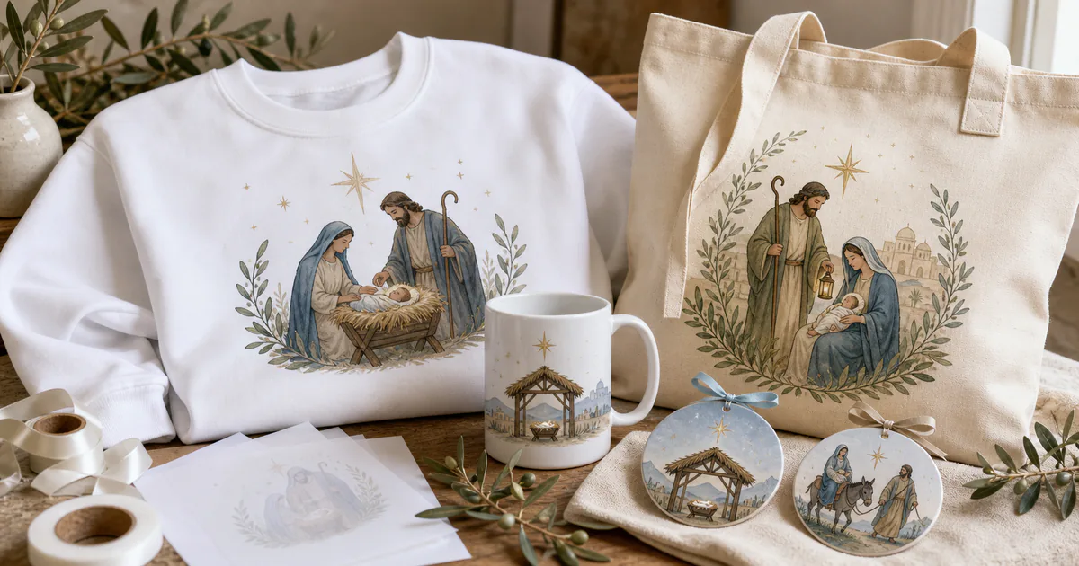 Christian nativity Christmas sublimation PNG designs on a sweatshirt, mug, tote and ornaments