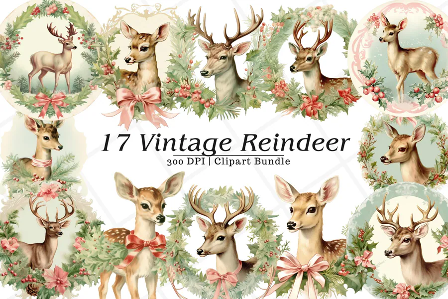 Vintage Christmas Reindeer Watercolor preview for Christmas reindeer sublimation PNG