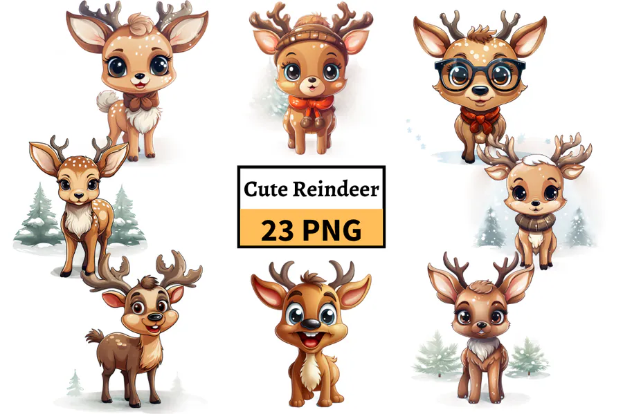 Cute Christmas Reindeer Illustrations preview for Christmas reindeer sublimation PNG