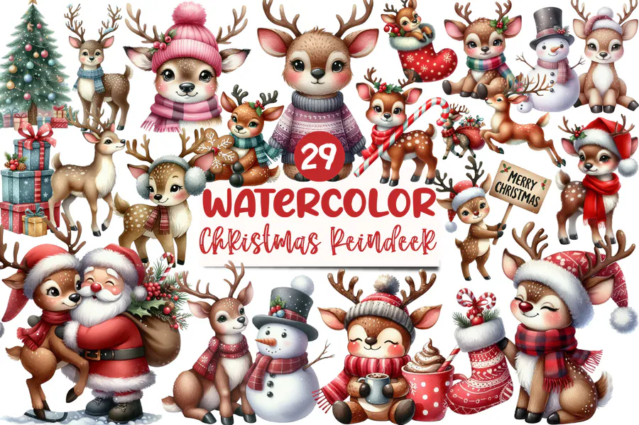 Cute Christmas Reindeer Clipart Bundle 7 preview for Christmas reindeer sublimation PNG