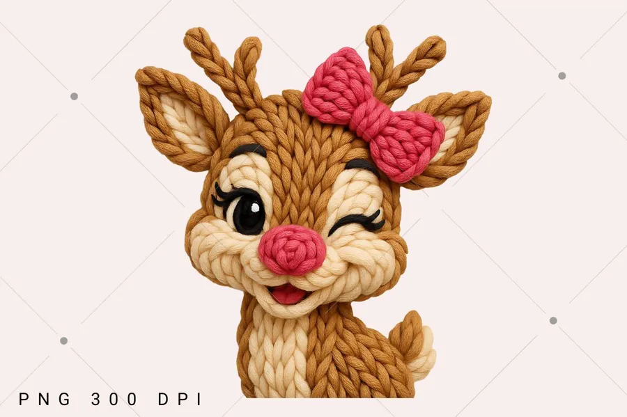 Faux Yarn Reindeer PNG Coquette Bow preview for Christmas reindeer sublimation PNG
