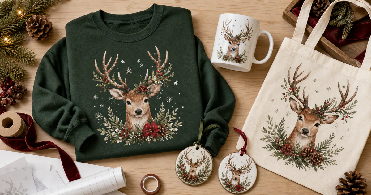 Christmas reindeer sublimation PNG designs on a sweatshirt, mug, tote and ornaments