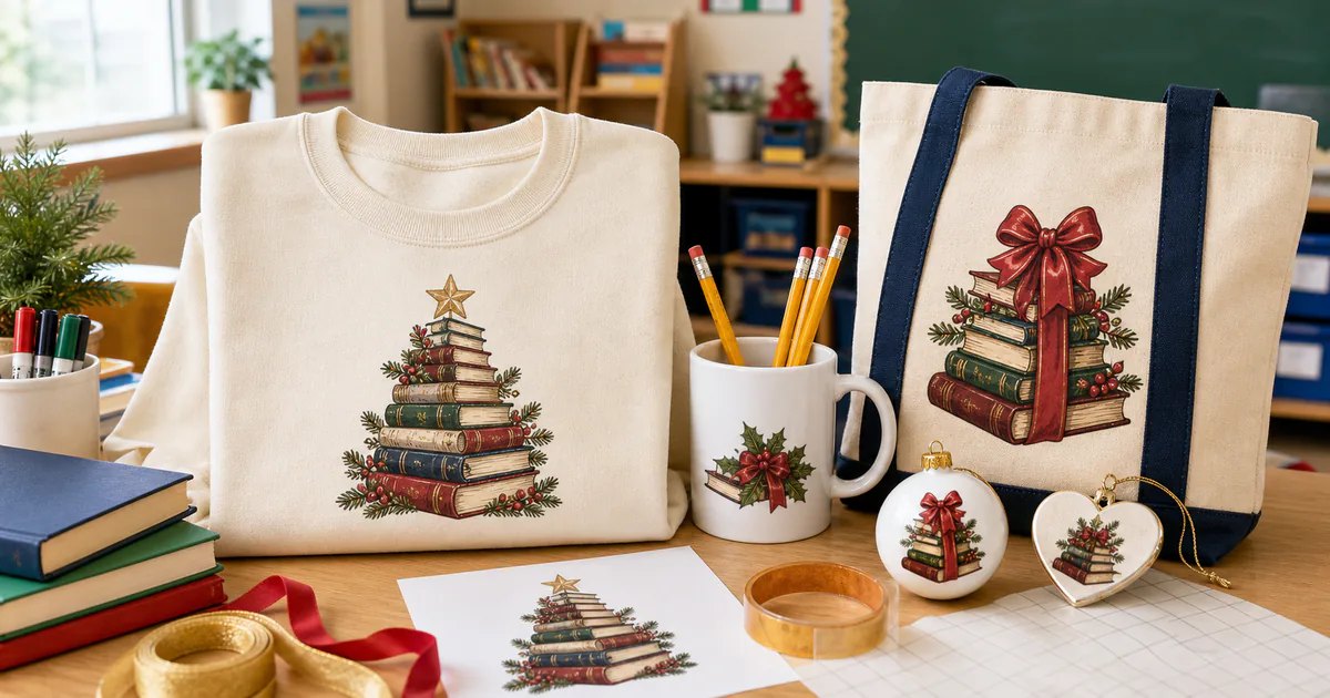 Christmas teacher sublimation PNG designs on a sweatshirt, mug, tote and ornaments