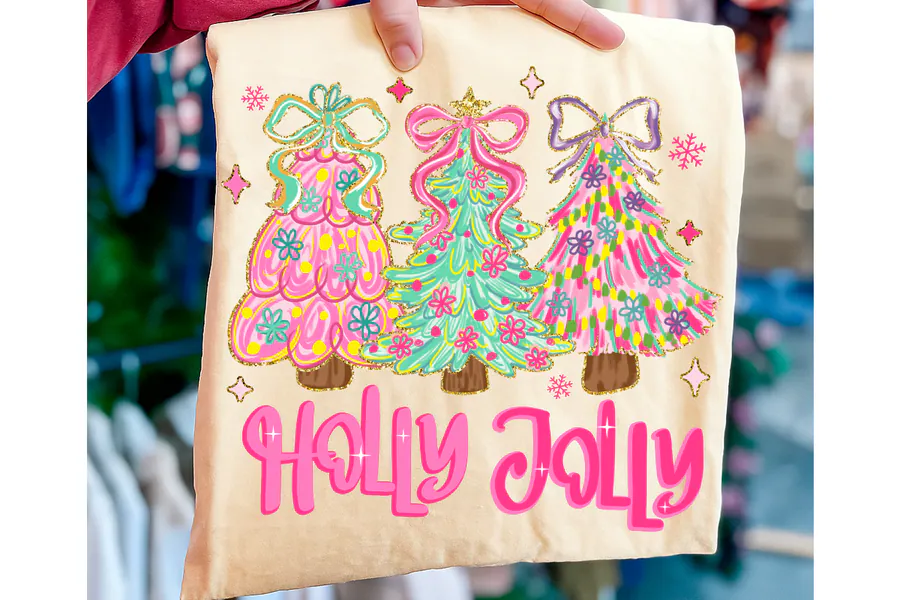 Colorful Holly Jolly PNG Christmas Tree preview for coquette pink Christmas sublimation PNG