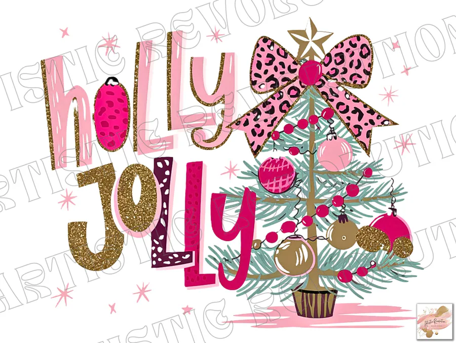 Glitter Holly Jolly Christmas Tree PNG preview for coquette pink Christmas sublimation PNG