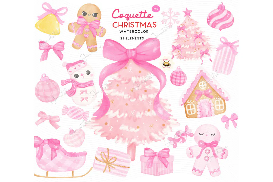 Coquette Christmas Pastel Watercolor PNG preview for coquette pink Christmas sublimation PNG