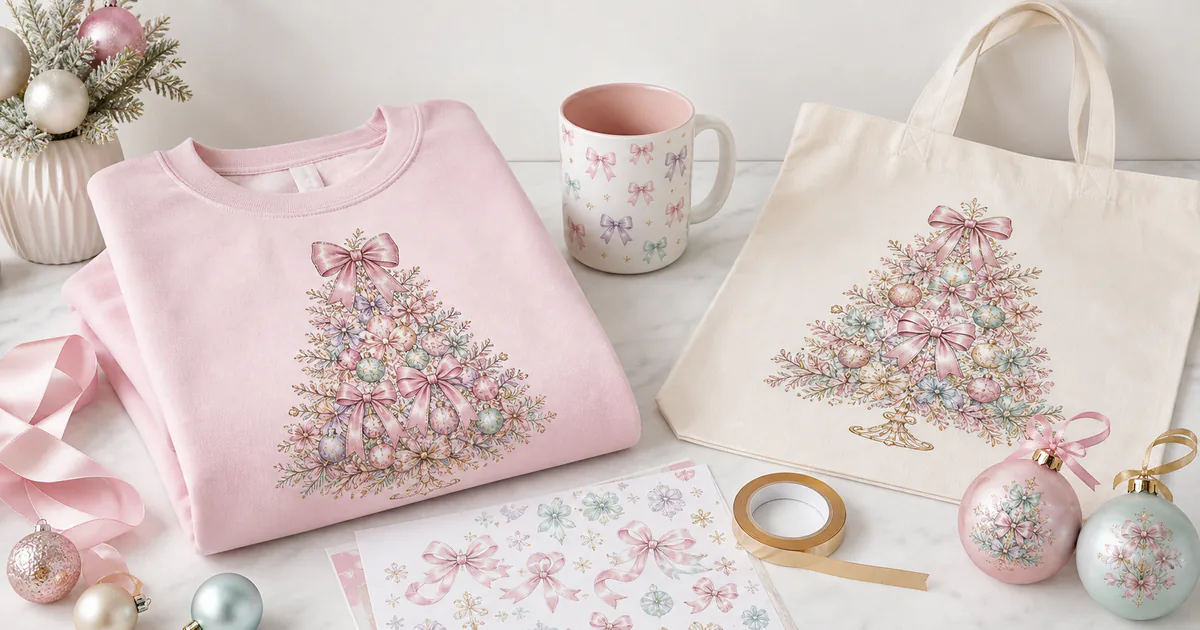 Coquette pink Christmas sublimation PNG designs on a sweatshirt, mug, tote and ornaments