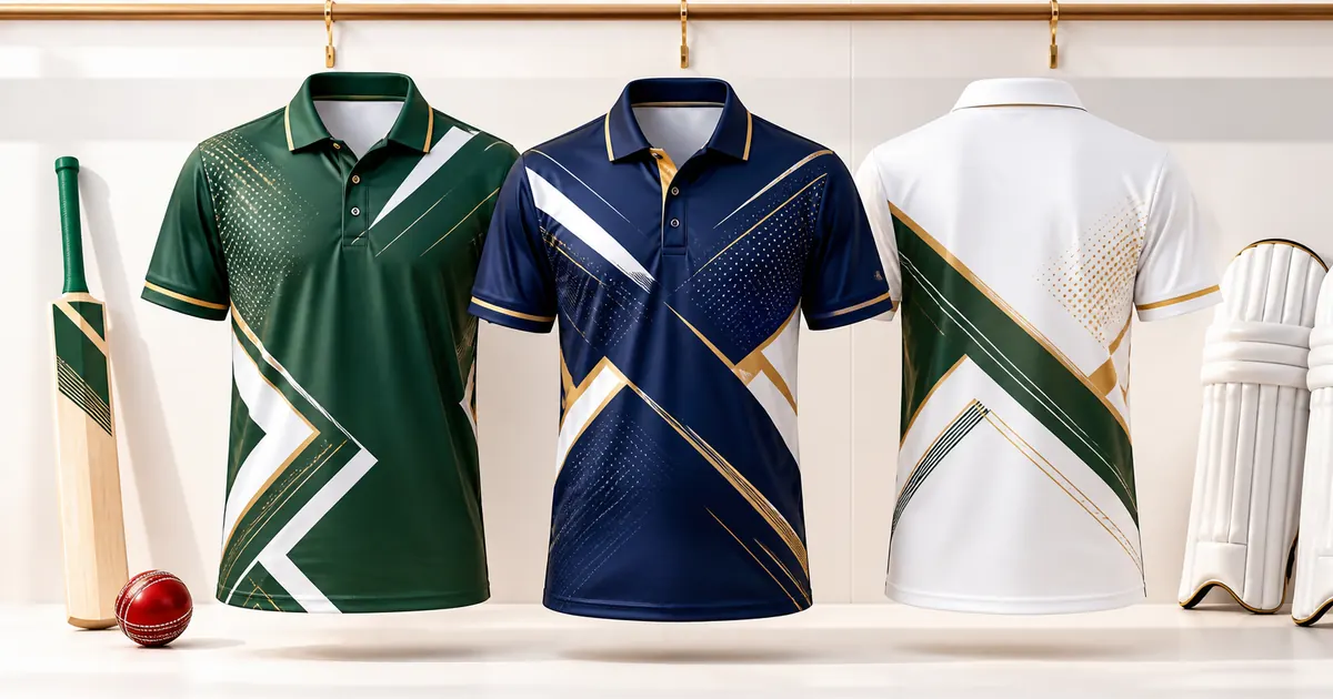 Cricket jersey sublimation design ideas shown on green, navy and white custom team shirts
