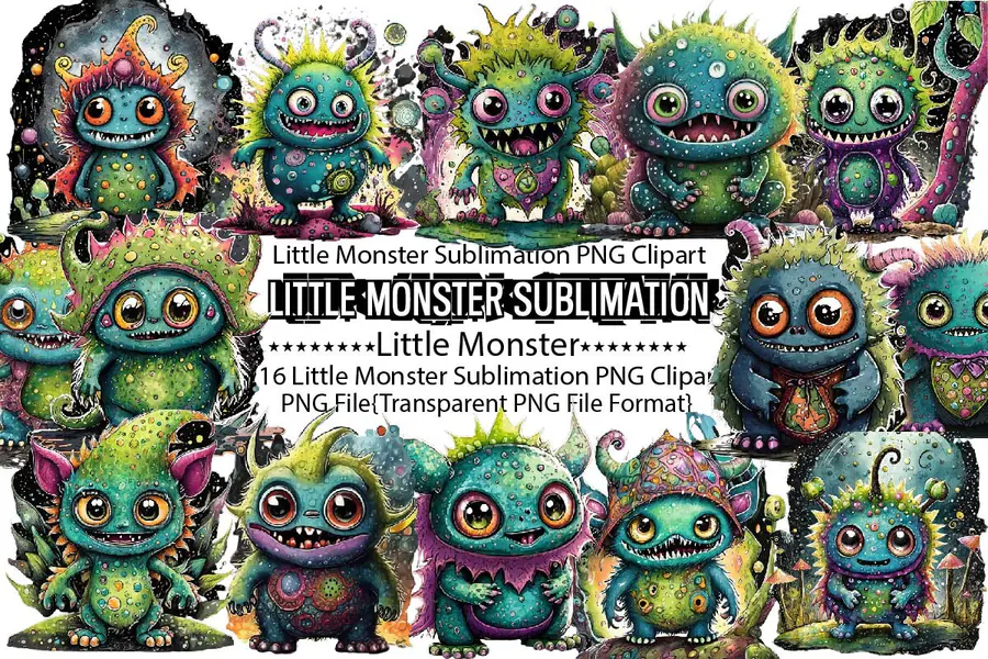 Little Monster Sublimation Bundle preview for cute Halloween monster sublimation PNG
