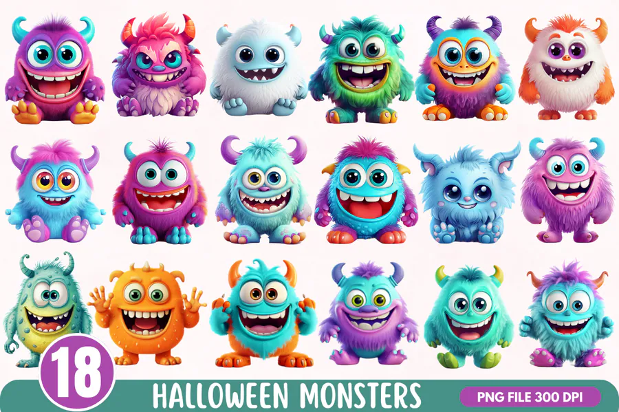 Halloween Monsters Clipart Bundle preview for cute Halloween monster sublimation PNG
