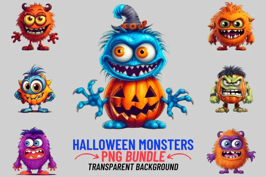 Cute Halloween Monsters — 12 PNG Clipart preview for cute Halloween monster sublimation PNG