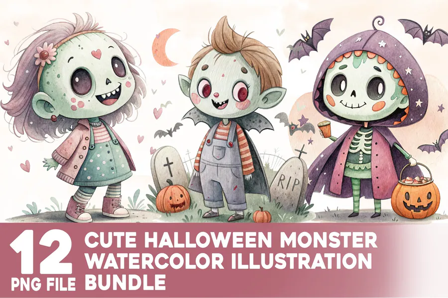 Cute Halloween Monster Watercolor Bundle preview for cute Halloween monster sublimation PNG