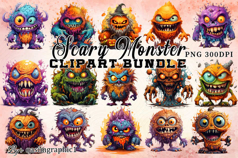 Scary Monster's Clipart PNG Bundle preview for cute Halloween monster sublimation PNG