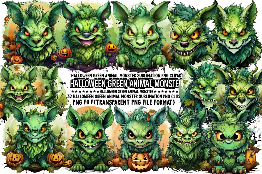 Halloween Green Animal Monster Sublimation preview for cute Halloween monster sublimation PNG