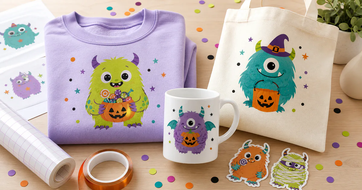 Cute Halloween monster sublimation PNG designs on a sweatshirt, mug, tote and stickers