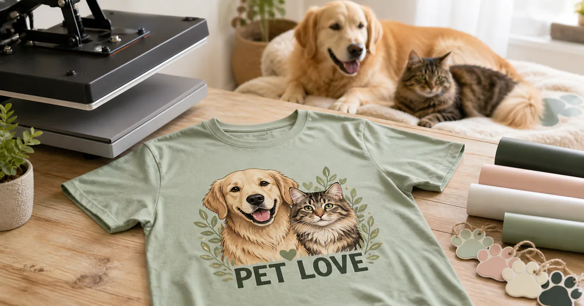 Dog and cat shirt SVG design printed on a pastel tee beside pet-themed crafting supplies