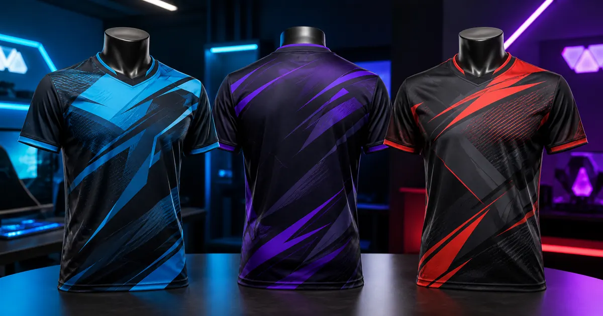 Esports jersey sublimation design ideas shown on cyan, purple and red competitive team shirts