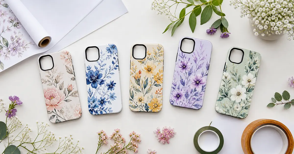 Floral phone case sublimation ideas displayed on five coordinated smartphone cases