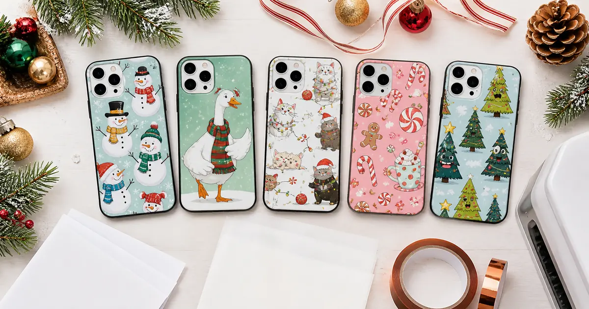 Funny Christmas phone case sublimation ideas with snowmen, cats, candy and a festive goose