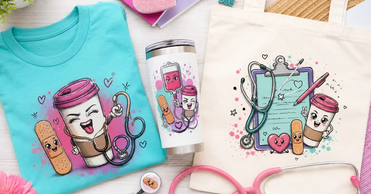 Funny nurse sublimation designs shown on a shirt, tumbler, tote and badge reel