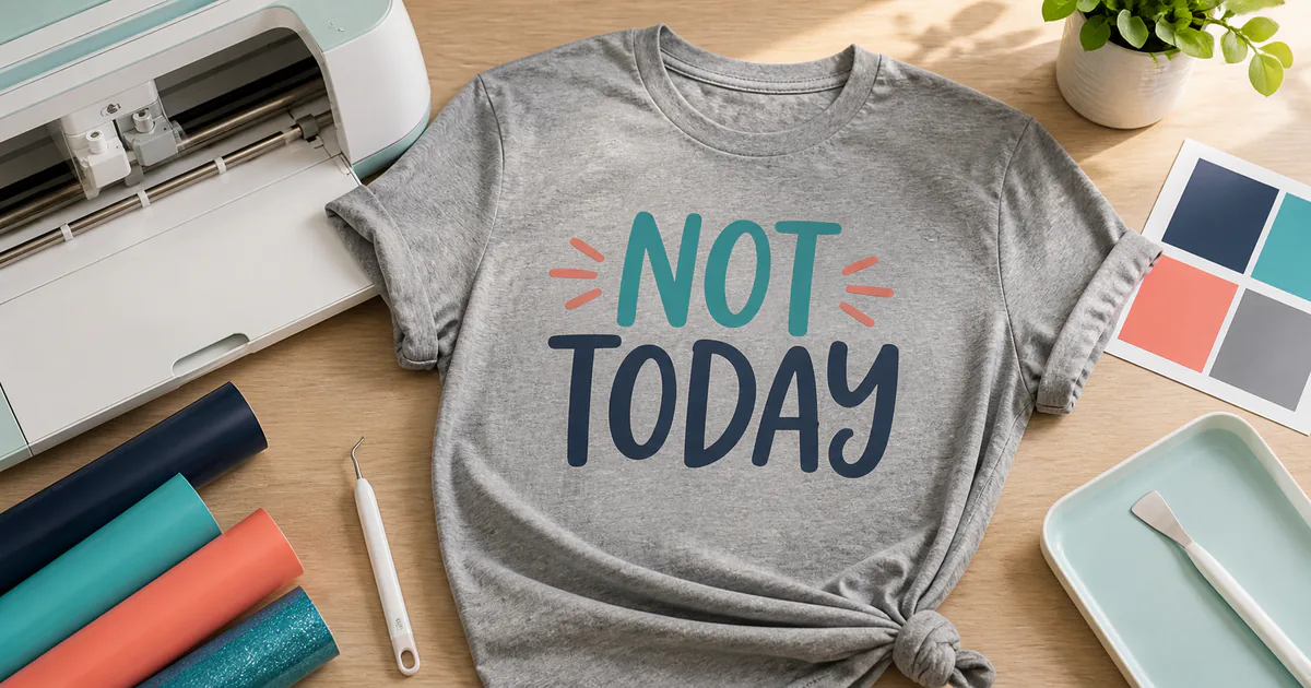 Funny sarcastic shirt SVG design printed on a tee beside apparel crafting tools