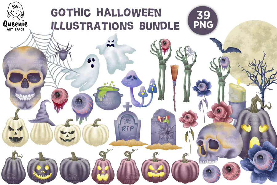 Gothic Halloween Watercolor Bundle preview for gothic Halloween sublimation PNG