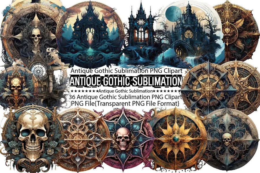 Antique Gothic Sublimation Bundle preview for gothic Halloween sublimation PNG