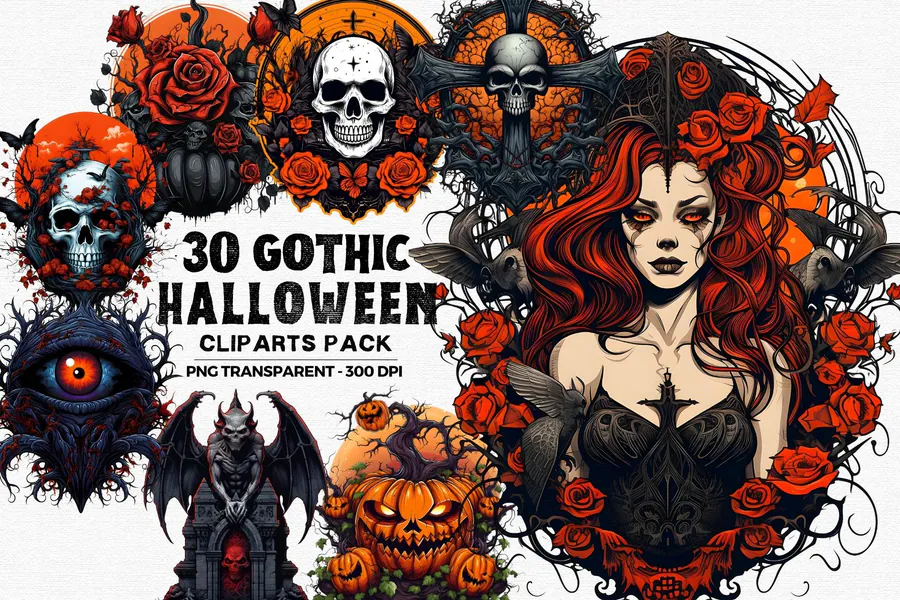 30 Gothic Halloween Clipart preview for gothic Halloween sublimation PNG