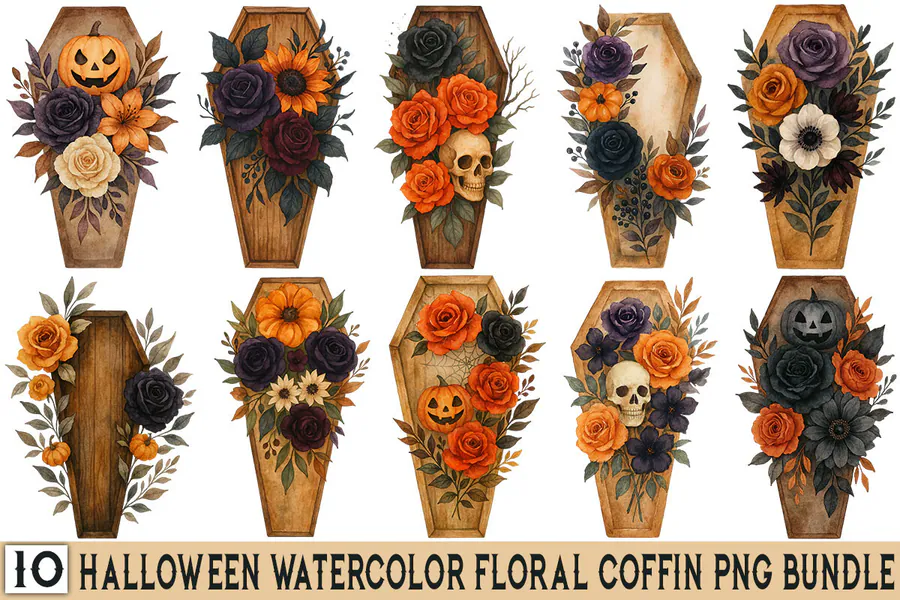 Halloween Watercolor Floral Coffin PNG preview for gothic Halloween sublimation PNG