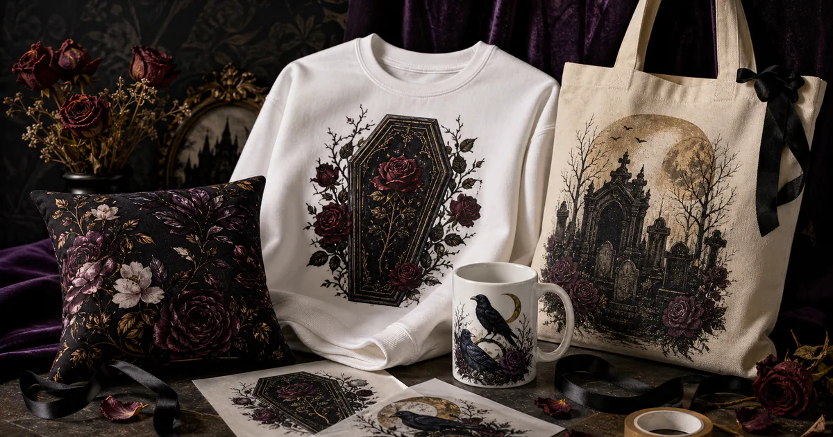 Gothic Halloween sublimation PNG designs on a sweatshirt, mug, tote and pillow