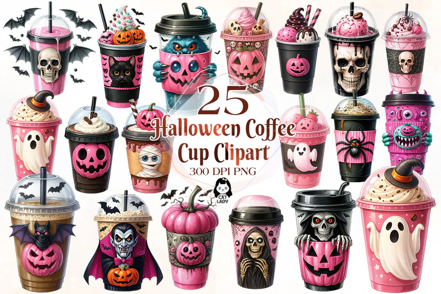 Pink Halloween Coffee Sublimation Bundle preview for Halloween coffee sublimation PNG